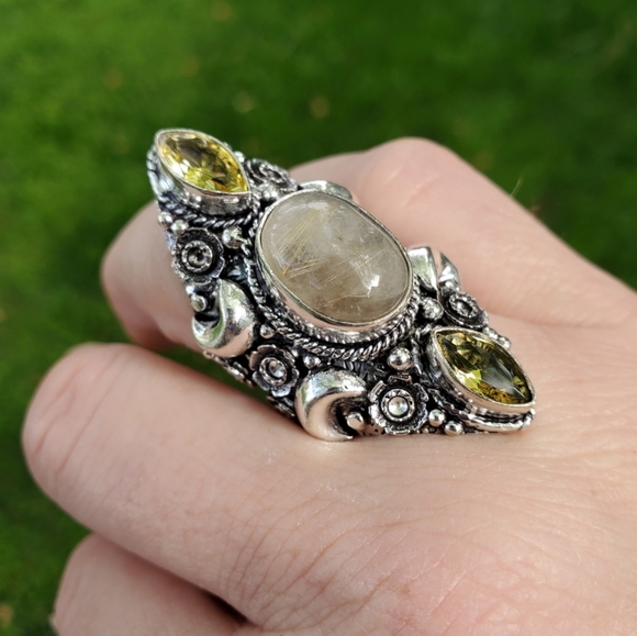 New Golden Rutile and Citrine Crescent Moon 925 Silver Statement Ring. - Picture 9 of 16